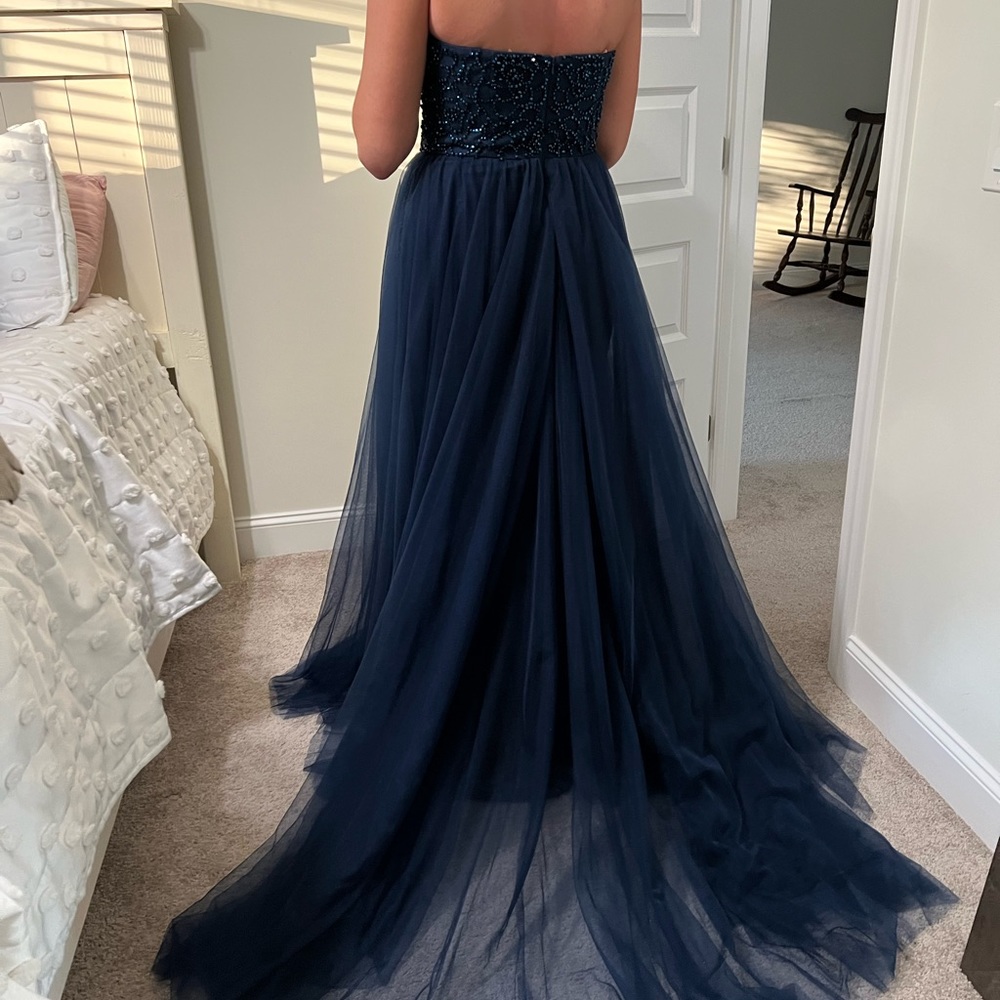 Brand New, never worn, navy blue beaded gown with overlay